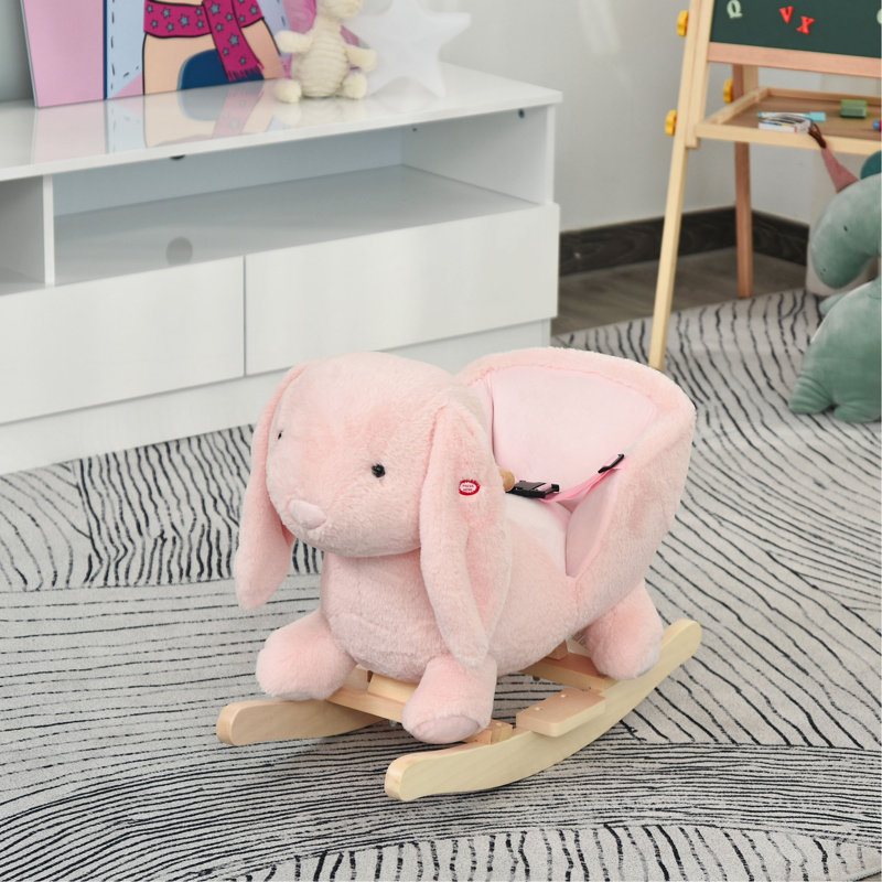 Cheval à bascule Rabbit en bois avec son simulé, base en bois, ceinture de sécurité, chaise berçante en peluche