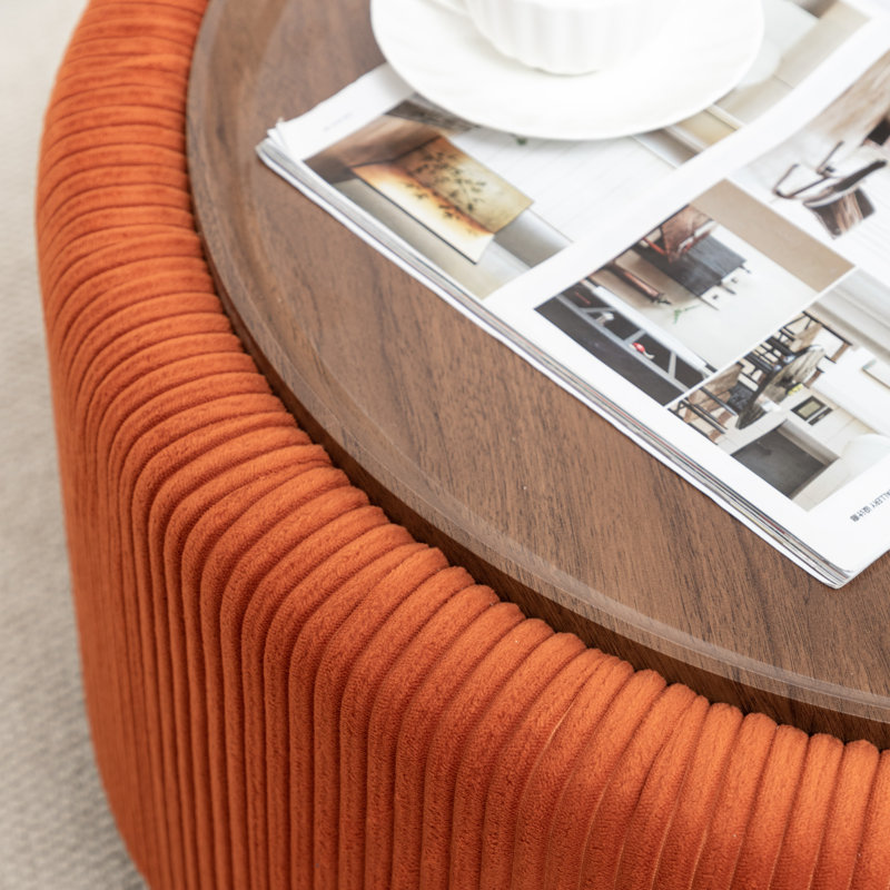 Table basse ronde avec rangement Pietsch, Velours côtelé orange