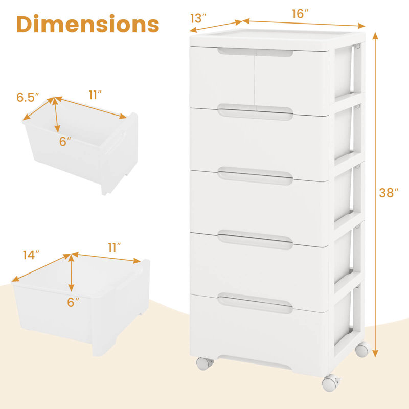 Chariot de rangement roulant en plastique 6 pièces avec 4 roulettes Rebrilliant