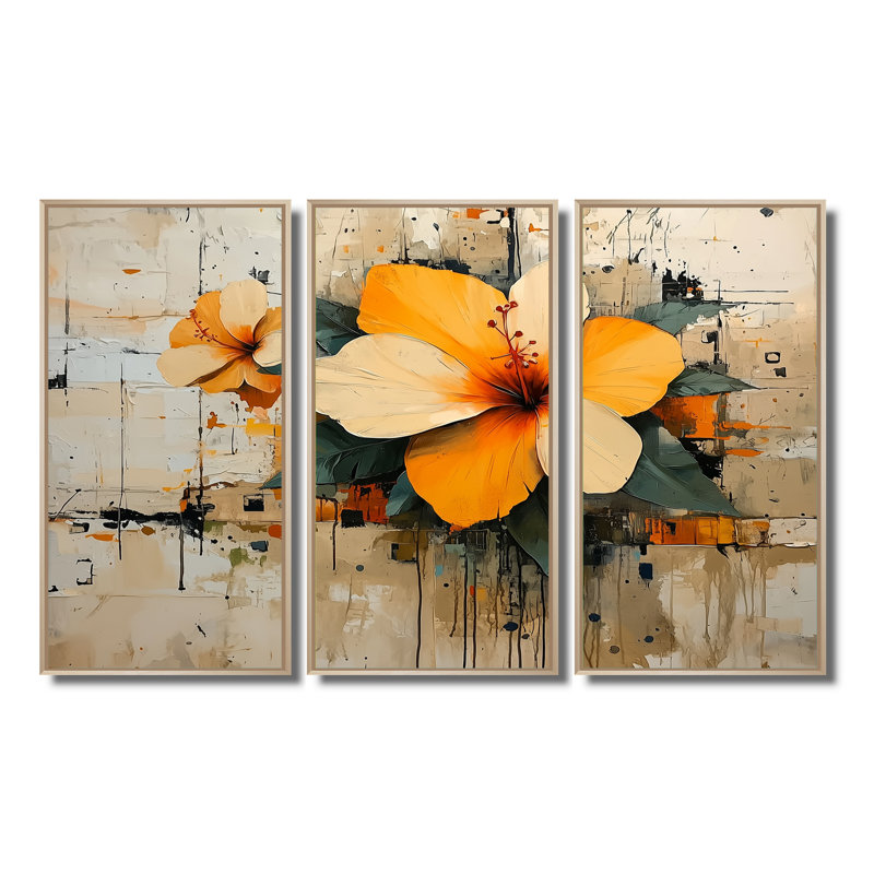 Désert, fleur d'hibiscus I - art mural grand hibiscus - 3 panneaux, Érable, H 40 po x l 60 po