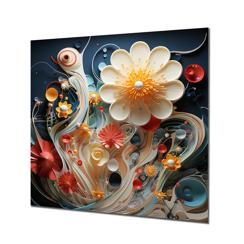 Blooming White Abstract Flower - Art mural floral moderne, H 30 po x l 30 po x P 1 po, Métal métal