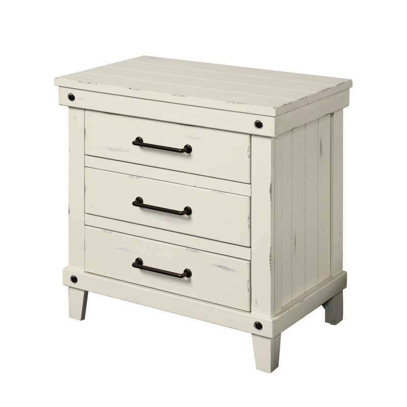 White Nightstand With 3 Drawers, Using Solid Wood And Components Drawer In White, Medium Distressing Interior