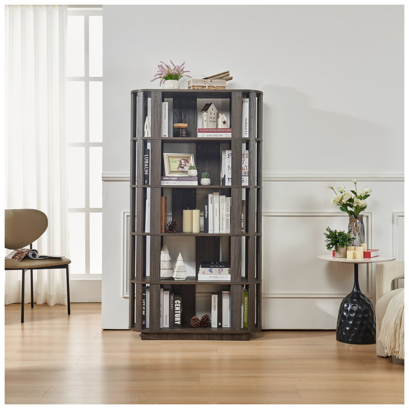 Bibliothèque ovale brun foncé à 5 tablettes - Unité de rangement autoportante moderne en panneau de fibres à densité moyenne