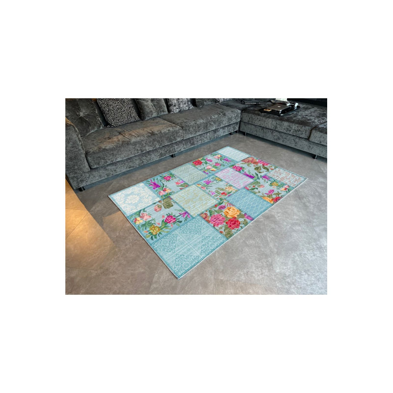 Tapis bleu lavabo lavable à la machine bleu Karabagh, Sous-tapis rectangulaire de 3 pi 3 po x 4 pi 11 po
