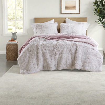 Ensemble de literie luxueuse en fausse fourrure de très grande taille, édredon rose et blanc avec rembourrage hypoallergénique
