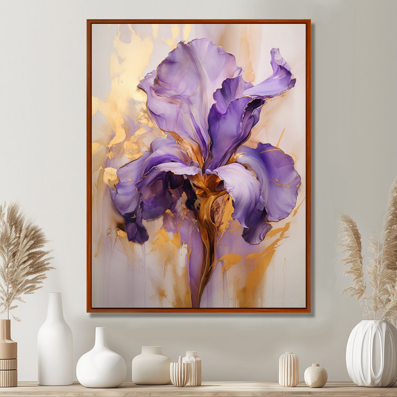 Iris doré - Rêve mauve - iris, art mural grand format, H 44 po x l 34 po x P 1,5 po, Cadre flottant brun
