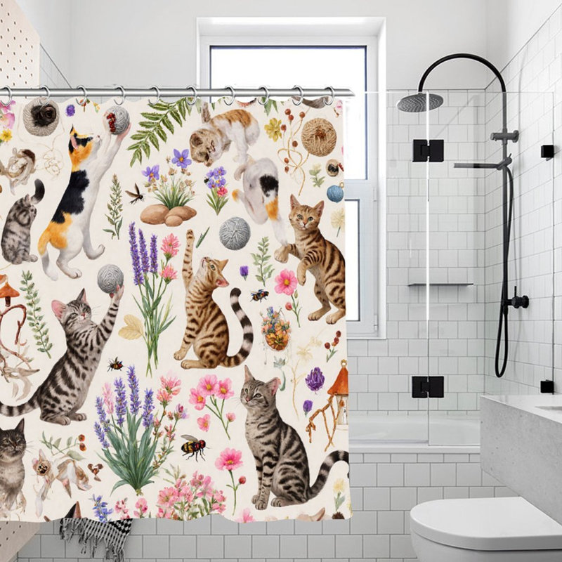 Rideaux de douche à motif de chat fantaisiste pour salle de bain, 71 po x 71 po, Chat fantaisiste floral
