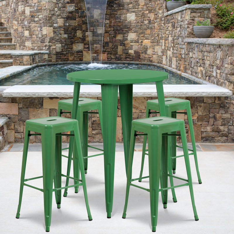 Colbert 30'' Round Metal Indoor-Outdoor Bar Table Set with 4 Square Seat Backless Stools, Green, 41" H x 30" W x 30" L