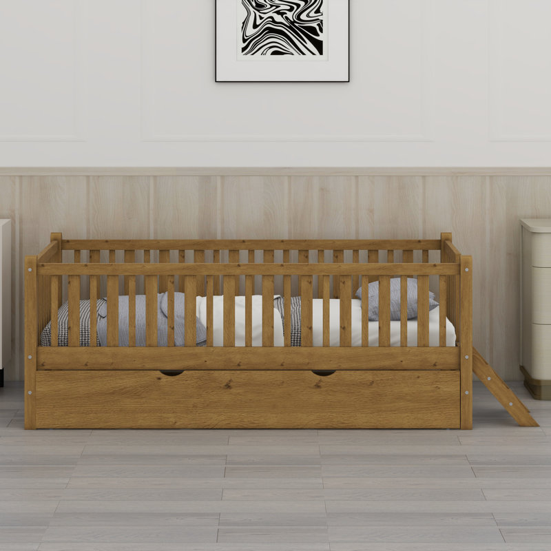 Platform Bed With Guardrail And Trundle, Walnut