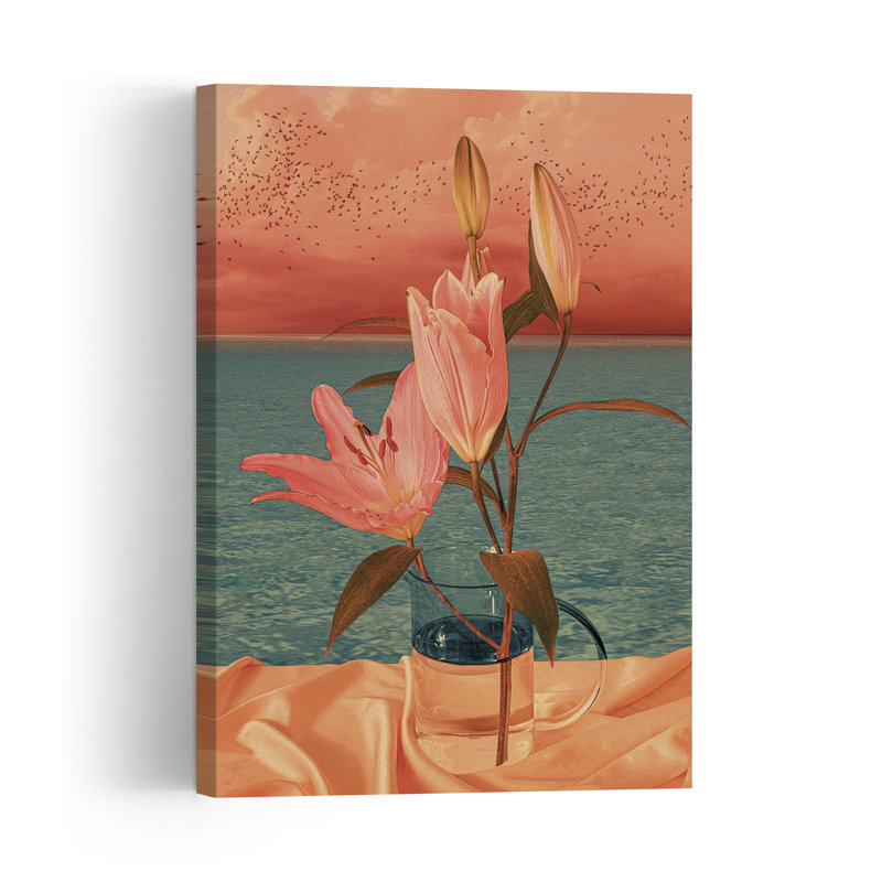 Lys roses, coucher de soleil sur la mer, style rétro surréaliste, abstrait, oiseau et paysage floral - Affiche murale