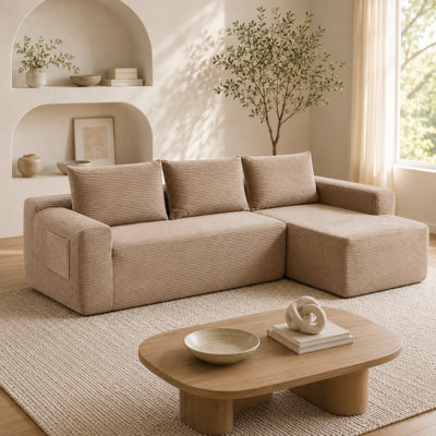 White‑Right Plush Corduroy 96.9 Inch Cloud Sectional Sofa, L‑Shape Modular Couch with Chaise, Deep‑Seat Furniture, No Assembly Required for Living Room, Bedroom