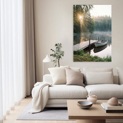 A Rowboat By The Lake Dock Serene Abstract Contemporary Landscape Nature Wall Art