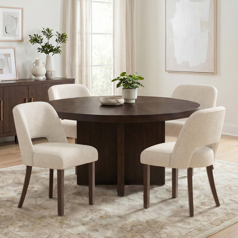 Modern Chenille Upholstered Dining Chair with Solid Wood Legs, Mid-Century Accent Side Chair for Kitchen & Dining Room, Beige