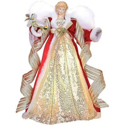  Lighted Christmas Tree Topper Angel with Timer, 12 Inch Luxury Red Gold Fabric Small Angel Tree Topper with Lights for Christmas Tree Decoration, Battery Operated, Valentines Gifts