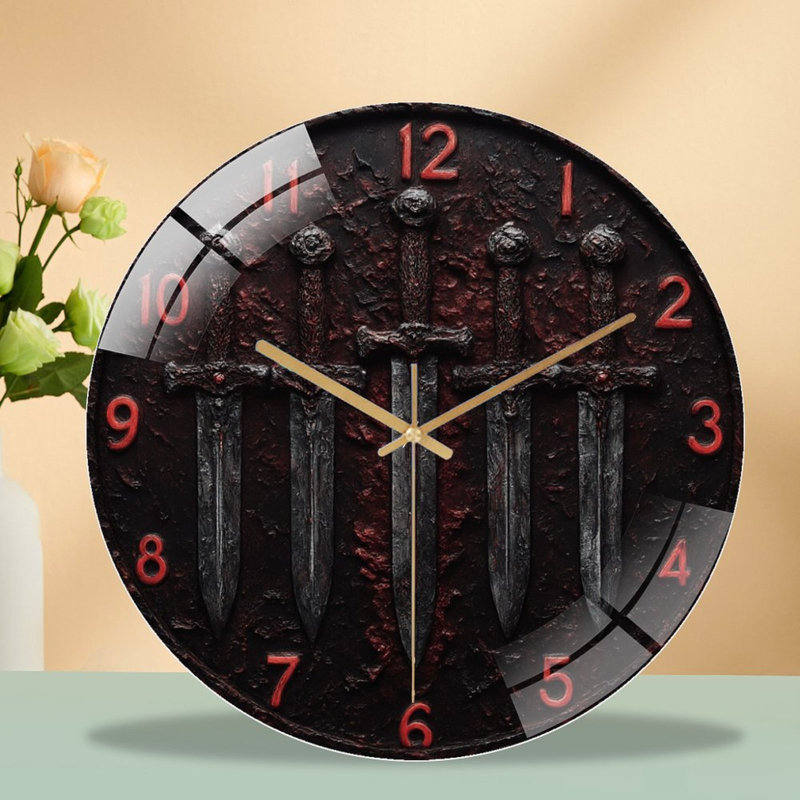 Horloge murale avec des épées et des chiffres rouges - Horloge murale moderne en verre 12 po