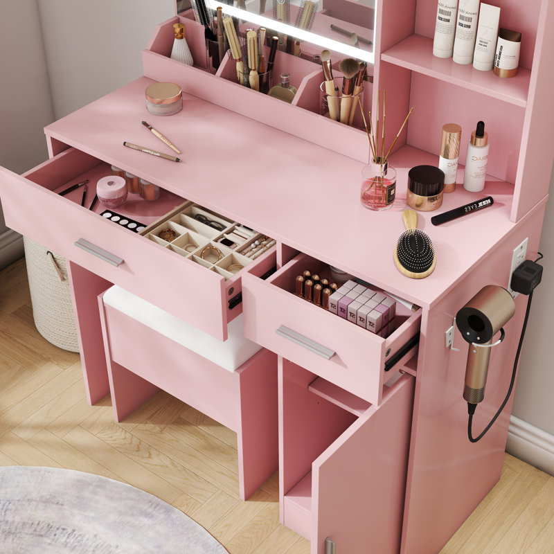 Lavin Makeup Vanity Set, Vanity Desk With Stool, LED Light Mirror And Charging Station, Pink