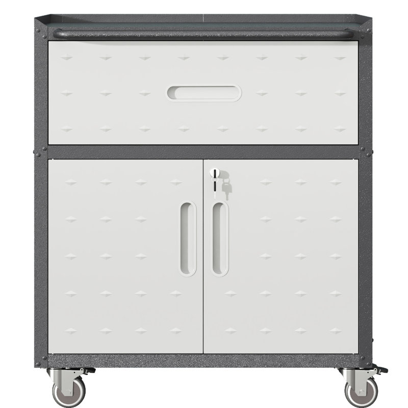 Armoire de rangement pour outils en métal avec roulettes et portes verrouillables - H 34,22 po x l 29,34 po x P 16,37 po, 1 tiroir, noir et gris, 2 portes verrouillables, grises et roulantes