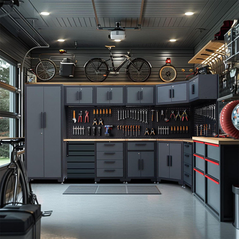 Garage Storage Cabinet, Workshop Set Garage Cabinets and Storage System with Corner Cabinet, Pegboard for Garage Tool Organization