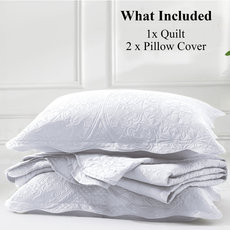 Floral Embossed Quilt Set, King Bedspread + 2 Standard Shams, White
