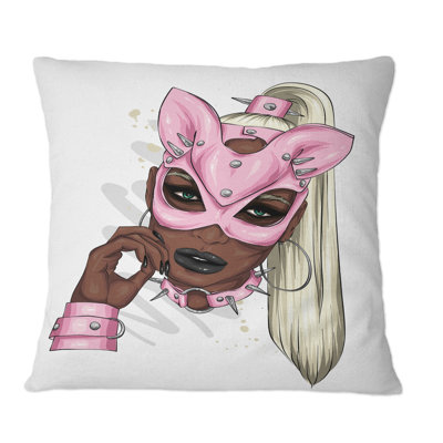 Femme avec un masque de lapin rose II - Coussin décoratif imprimé Shabby Elegance