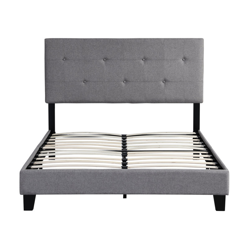 Modern Full Size Bed Frame With Linen Fabric - Button Headboard No Box Spring Wood Slat Support Easy Assembly Gray Pattern Platform Grey Upholstery Simple