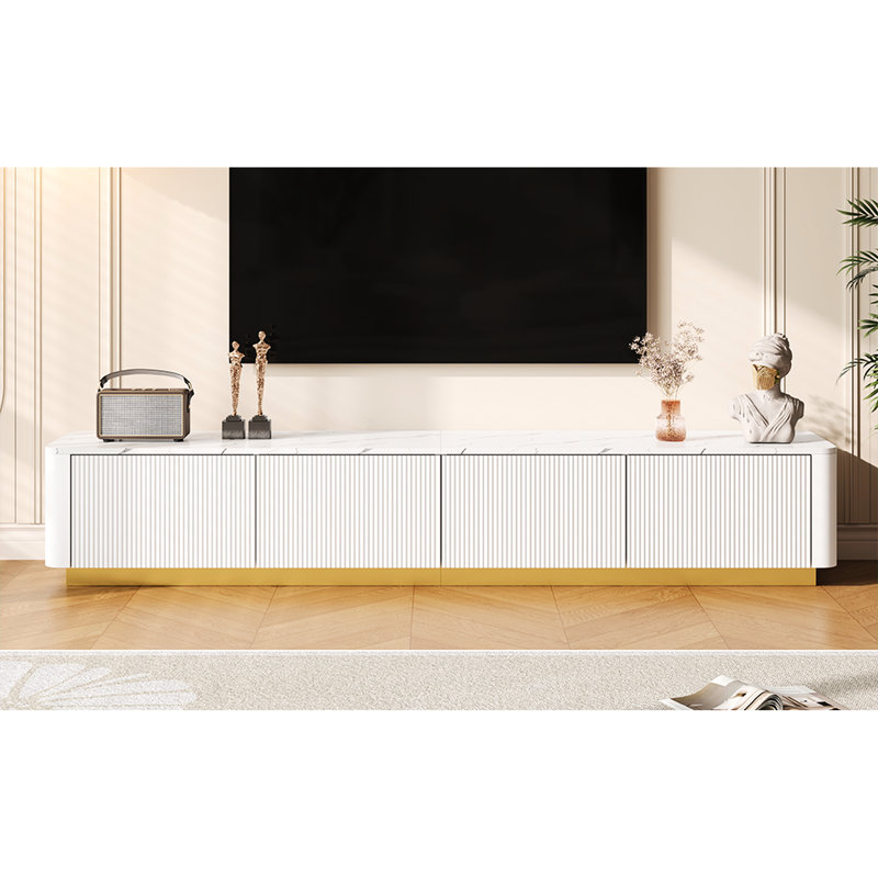 Meuble télé de luxe cannelé pour le salon, 4 tiroirs, base dorée, finition en faux marbre blanc et plateau de table robuste