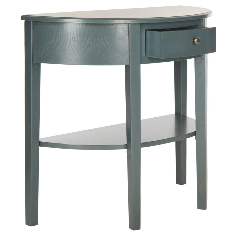 Teal Pine Wood Demilune Console Table with Storage