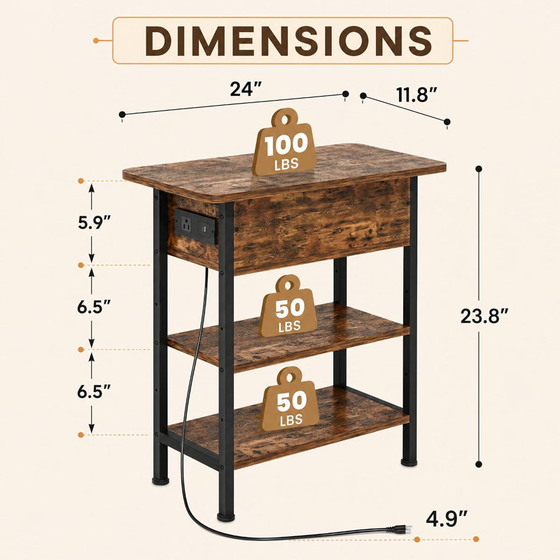 Table d'appoint de 61 cm de haut avec station de recharge intégrée, rangement dissimulé sous un couvercle rabattable et étagères ouvertes à 2 niveaux.