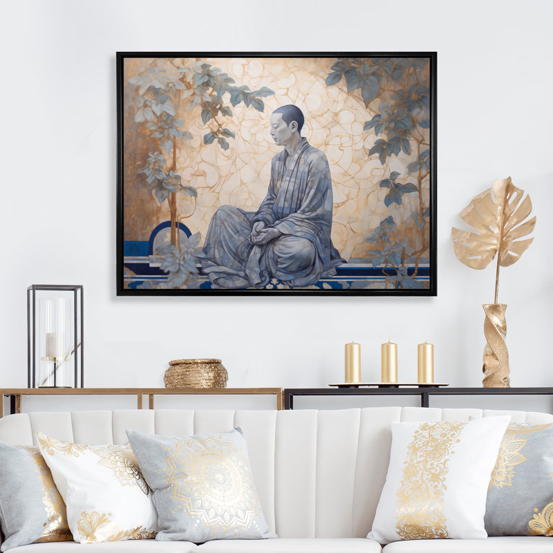 «Mindfulness Meditation Buddha Retro Illustration» sur, H 16 po x l 32 po x P 1 po, Cadre flottant noir