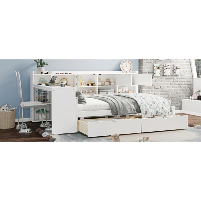 Lit de jour en L pleine grandeur en bois avec sept armoires de rangement et deux tiroirs de rangement, lit multifonctionnel avec bureau d'étude et bibliothèque intégrée, blanc