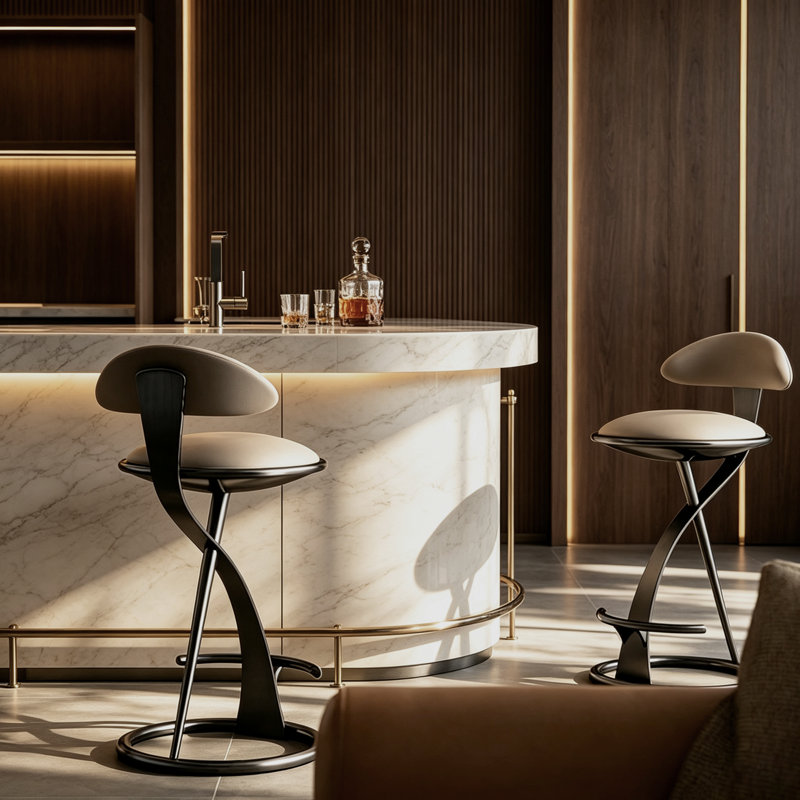 Ensemble de 2 tabourets de bar modernes et luxueux en similicuir léger, structure en acier inoxydable noir, avec dossier