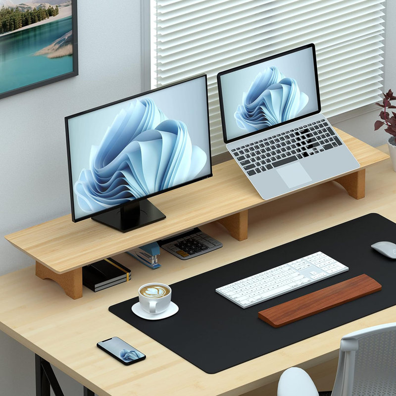 Large Dual Monitor Stand Riser, Solid Wood Desk Shelf With Eco Cork Legs For Laptop Computer/TV/PC/Printers, Perfect Desktop Stands Organizer With Underneath Storage For Office Accessories