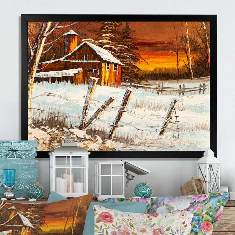 «Old Barn in Evening Winter Times», reproduction sur toile, Cadre noir, H 30 po x l 40 po x P 1,5 po