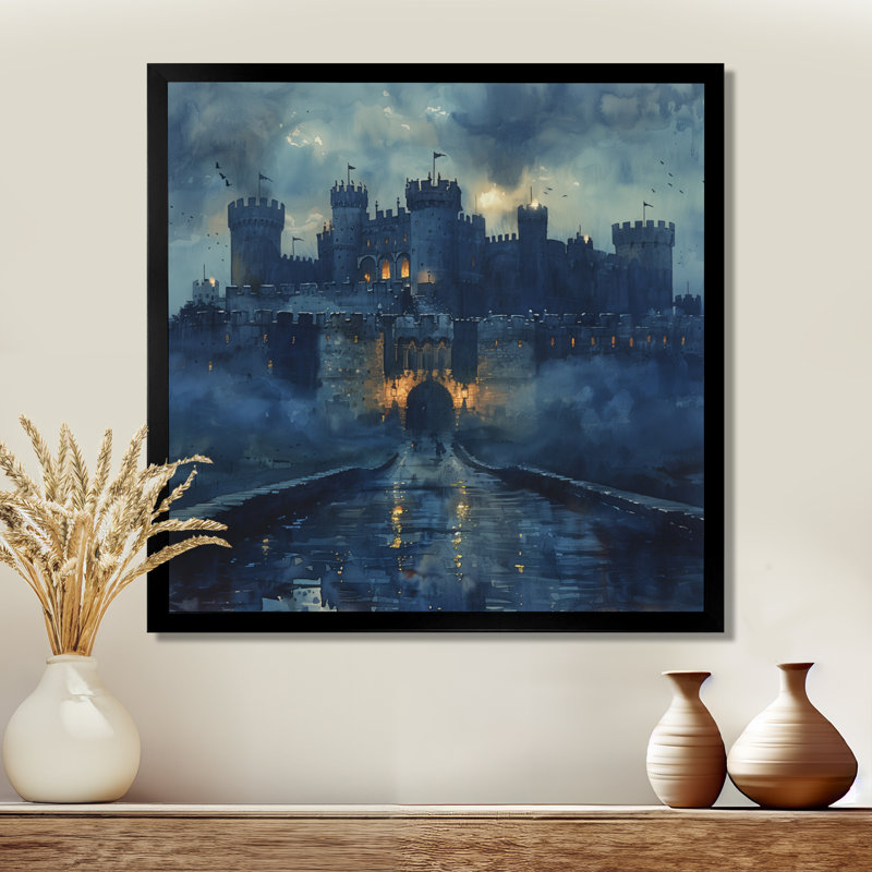 «Blue Middle Ages Castle at Night III - Fortress», art mural, Toile encadrée noire simple, H 30 po x l 30 po x P 1 po