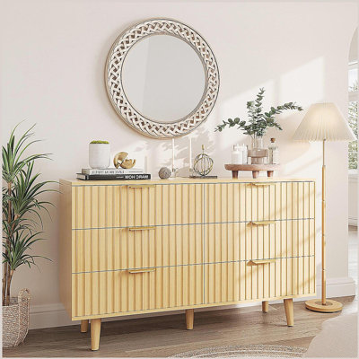 Commode 6 tiroirs pour chambre à coucher, commode en bois cannelée pour chambre d'enfant, chambre de bébé, entrée, naturel, l 47,24 po x P 14,96 po x H 33,06 po