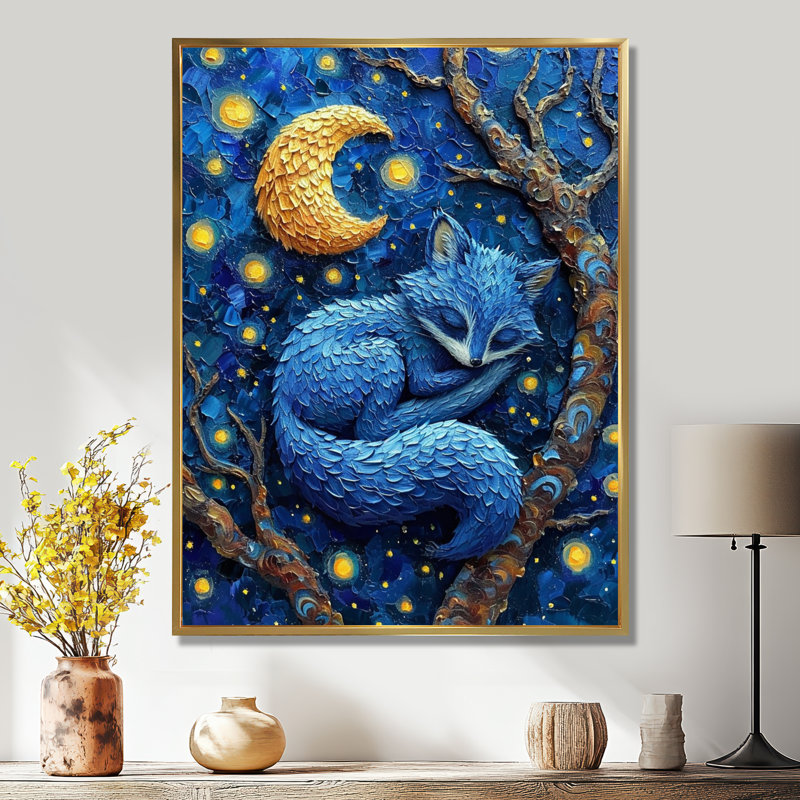 Mignon renard bleu dormant sous la pleine lune, Cadre flottant doré, H 20 po x l 12 po x P 1 po