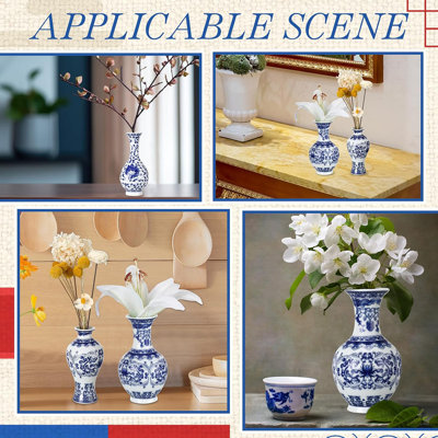 12 pièces vase en porcelaine bleue et blanche en porcelaine, mini poterie bourgeoise en céramique de style oriental classique, fait à la main, à la main, avec fleurs chinoises pour bureau à domicile