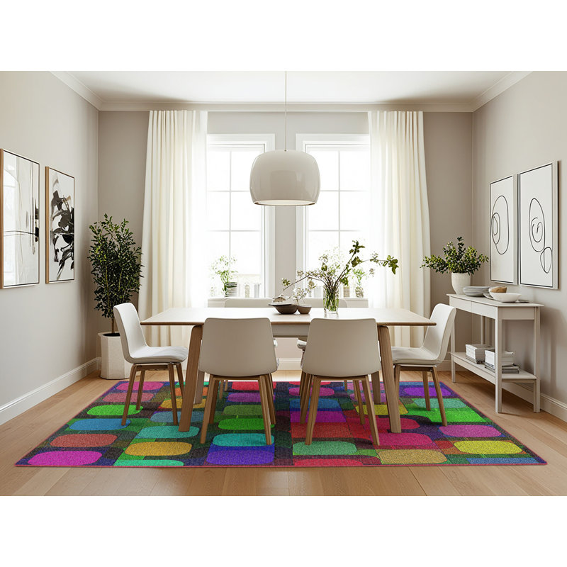 Tapis jaune/bleu/rouge tissé à la machine, Rectangle 7 pi x 10 pi