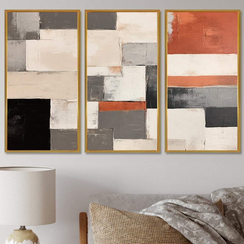 «Earthy Abstraction Cubist Modernism Beige Brown», ensemble de salon d'art mural abstrait, Cadre flottant doré