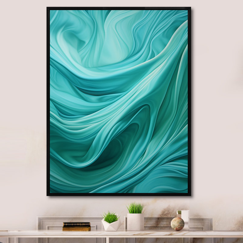Turquoise, gauchissement des vagues I - art mural abstrait sur toile, H 40 po x l 30 po, Cadre flottant noir