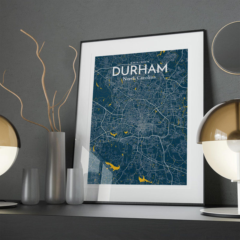 Durham City Map, impression, H 27,6 po x l 19,7 po, Bleu / jaune
