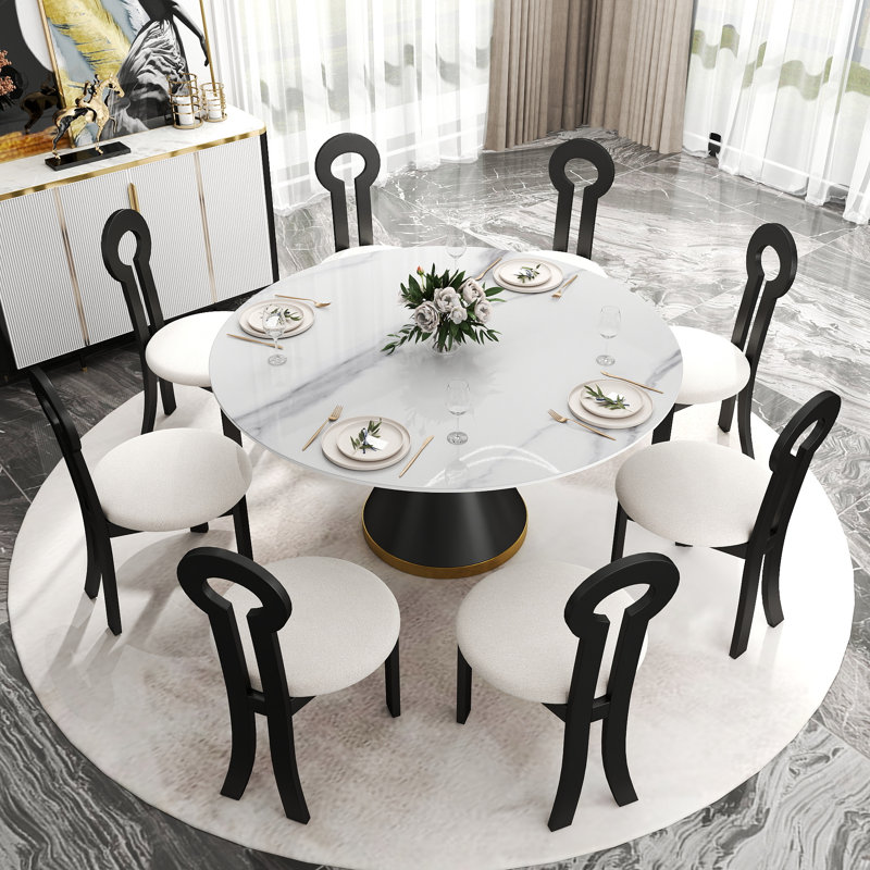 8 Seat Dining Table Set With Modern Key-shaped Dining Chairs, 9-piece Dining Set, Black, White