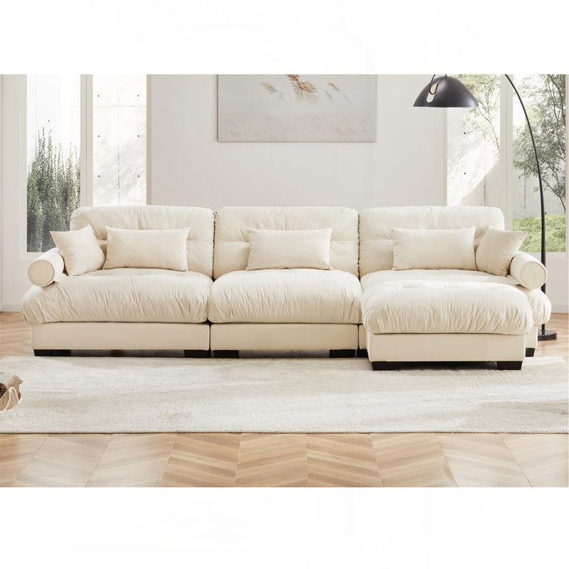 Luxueux canapé modulaire surdimensionné en velours pour le salon, Crème, crème, H 35,4 po x l 133,8 po x P 36 po, 3