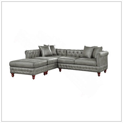 Ensemble de canapé modulaire 3 pièces réversible en similicuir respirant gris ardoise et 2 coussins de canapé capitonnés et 1 repose-pieds