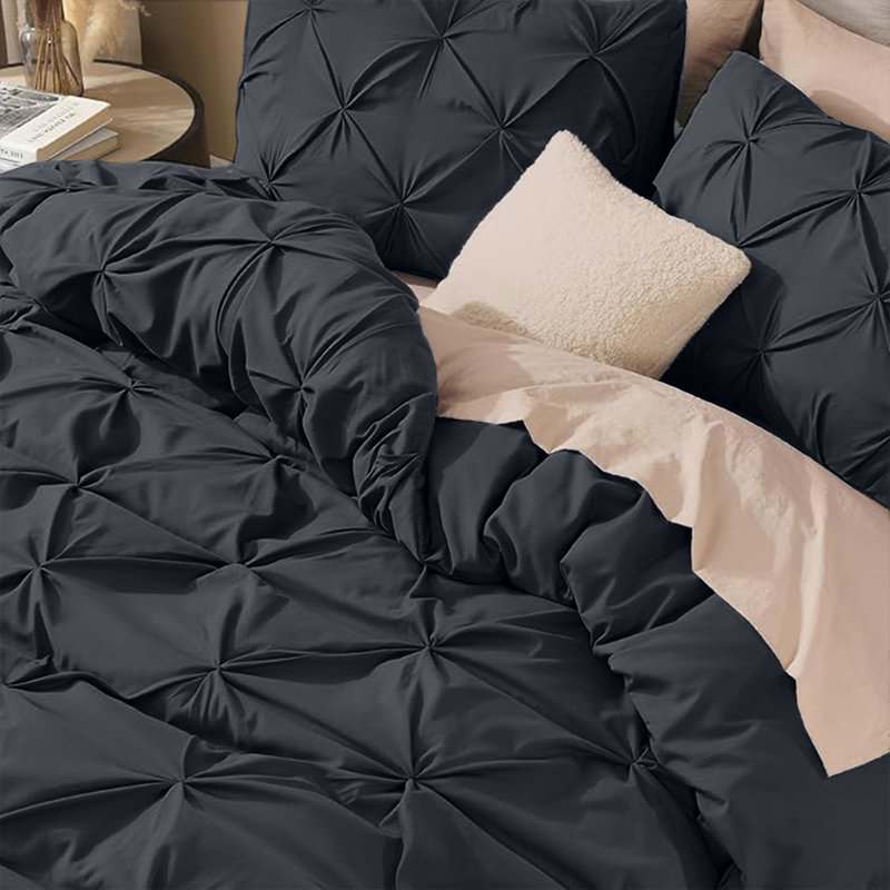  Luxurious Microfiber Pintuck Design Duvet Cover With Pillowcases , Black, Single Duvet Cover + 1 Standard Pillowcase