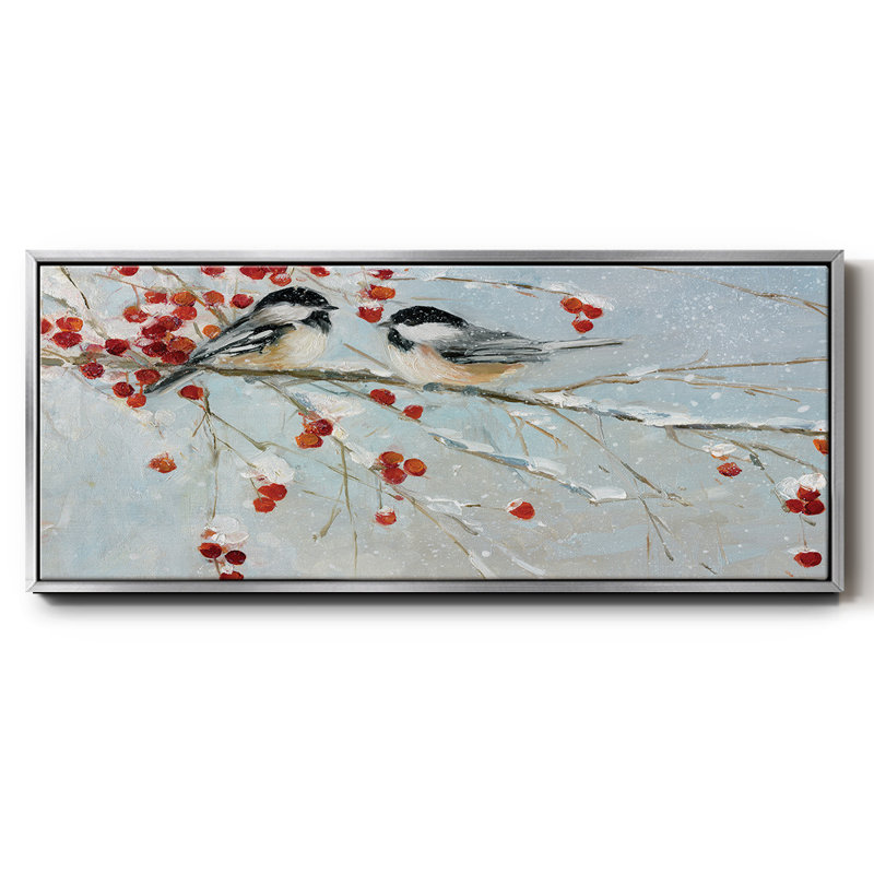 Chickadees in Winter- Framed Canvas, 12" H x 30" W