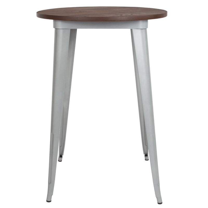 Hertfordshire 30" Round Metal Indoor Bar Height Table with Rustic Wood Top, 42" H x 30" L x 30" W, Silver