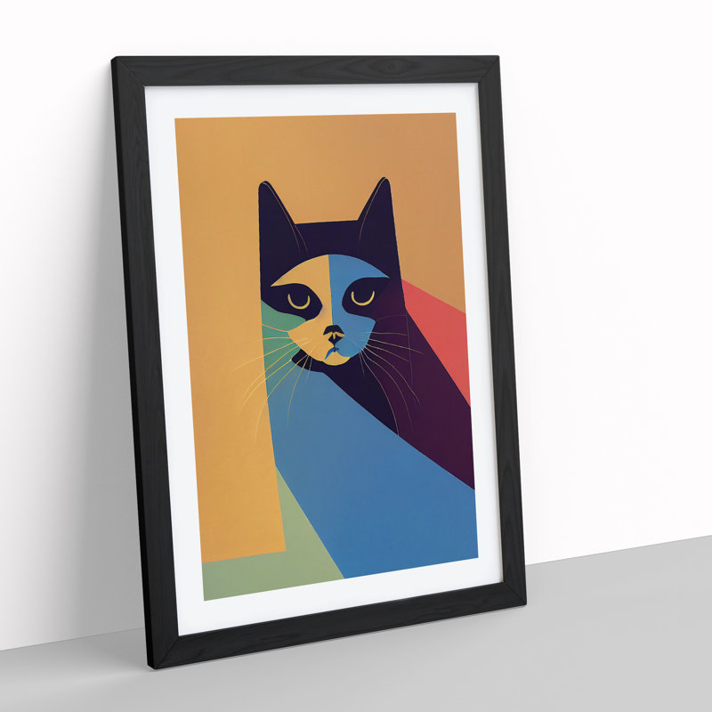 Colourful Cat No.1 Abstract - Single Picture Frame Painting, Black, 64cm H x 46cm W x 2cm D