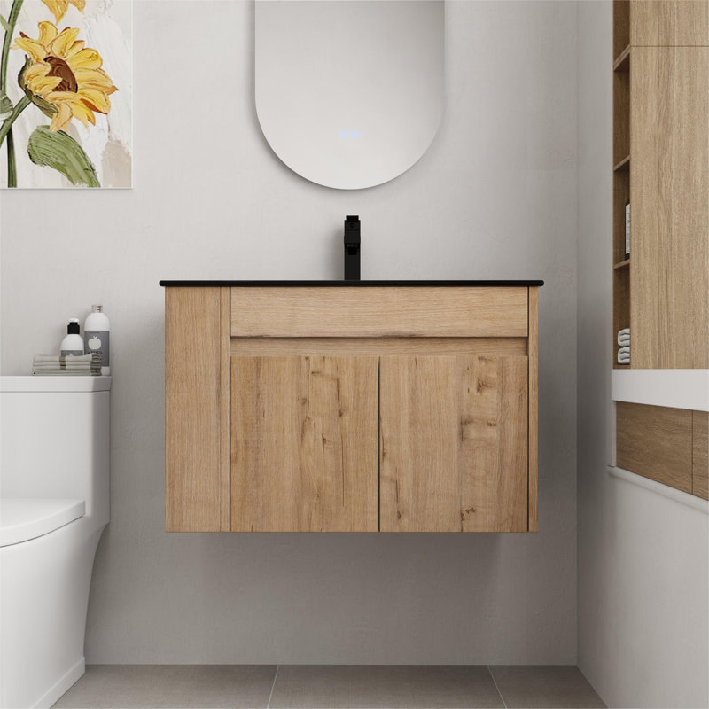 Meuble-lavabo mural simple 30 po avec lavabo en céramique Marshayla, 2 portes et 1 tablette, Noir