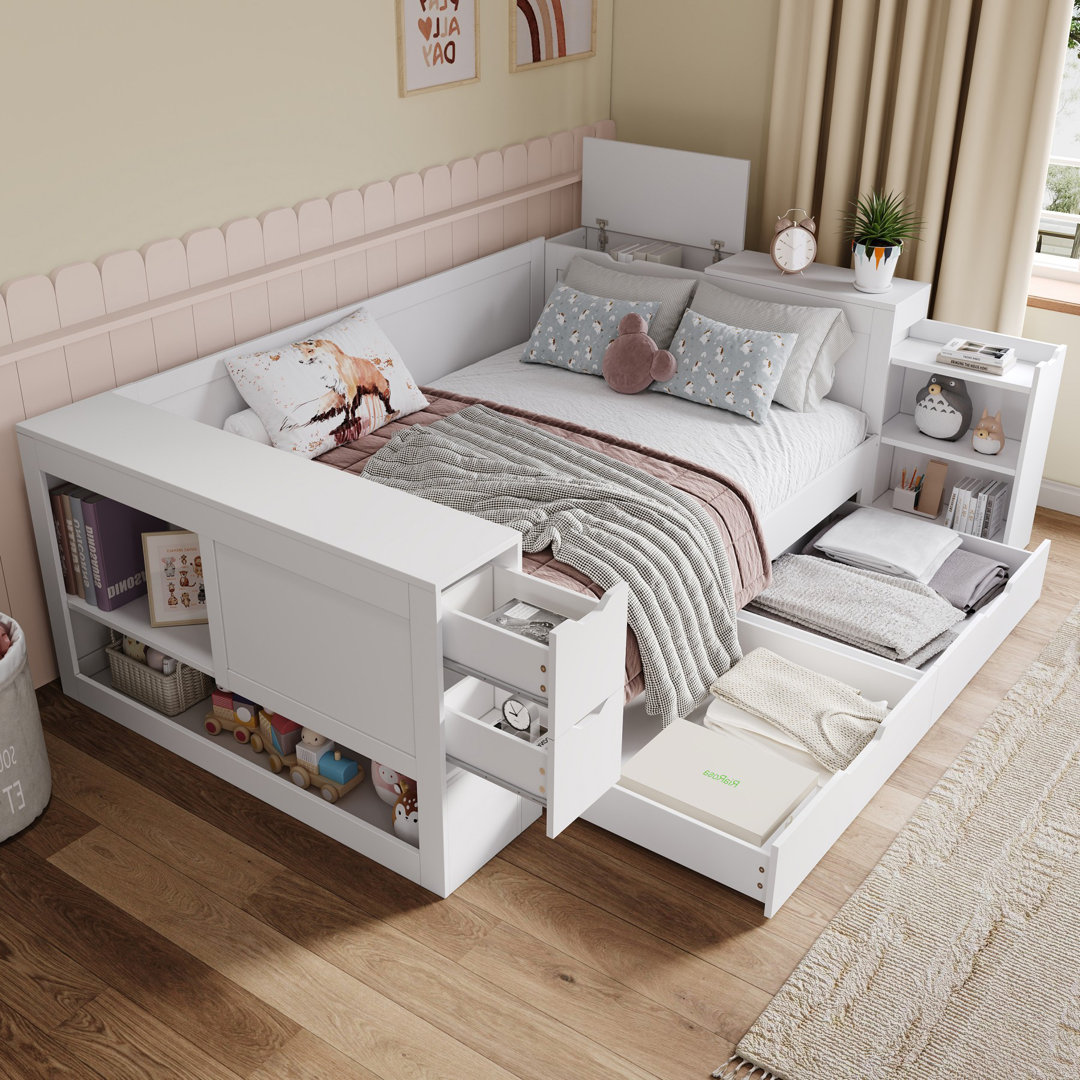Daybed With Drawers, Shelf & Storage Box, Pull-out Nightstand, White, No Mattress, 135x190 Cm, Solid Mdf & Plywood